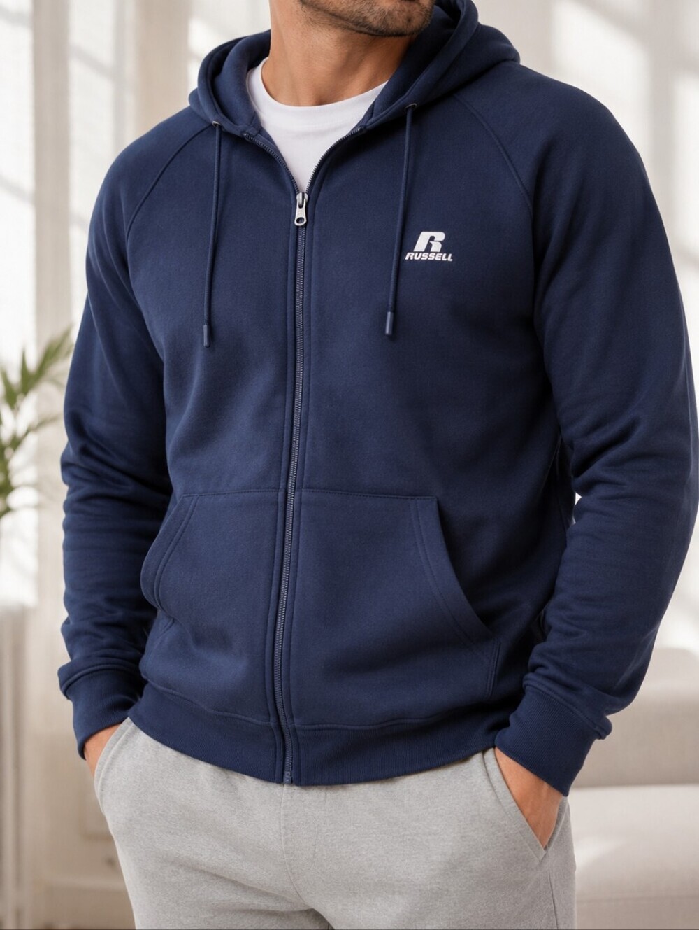 RUSSELL ATHLETIC Vintage Y2K Pro Cotton Hoodie Navy Minimal Logo LT Tall Oversiz